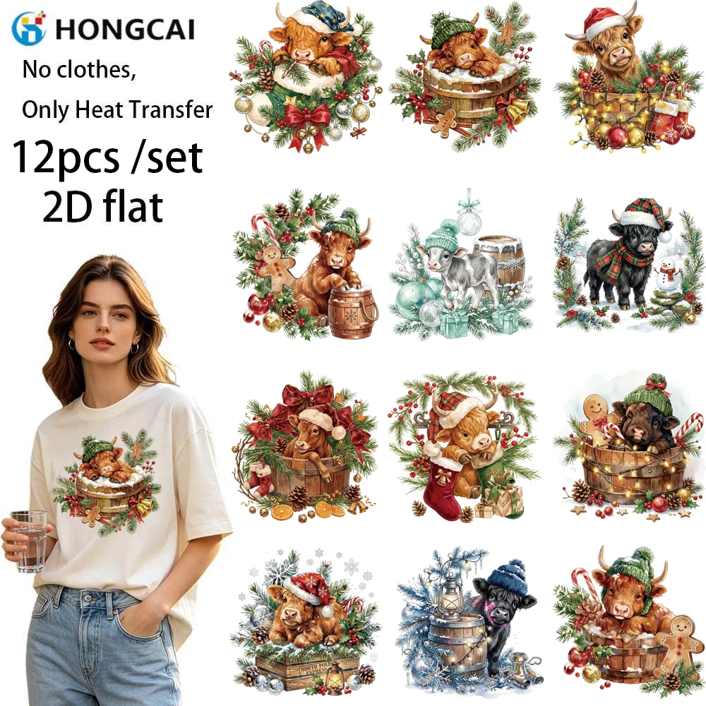 12Pcs Christmas Heat Transfer Vinyl, Niu Niu Daily Scene Design, Iron-on Decor Stickers for DIY Clothing Accessories