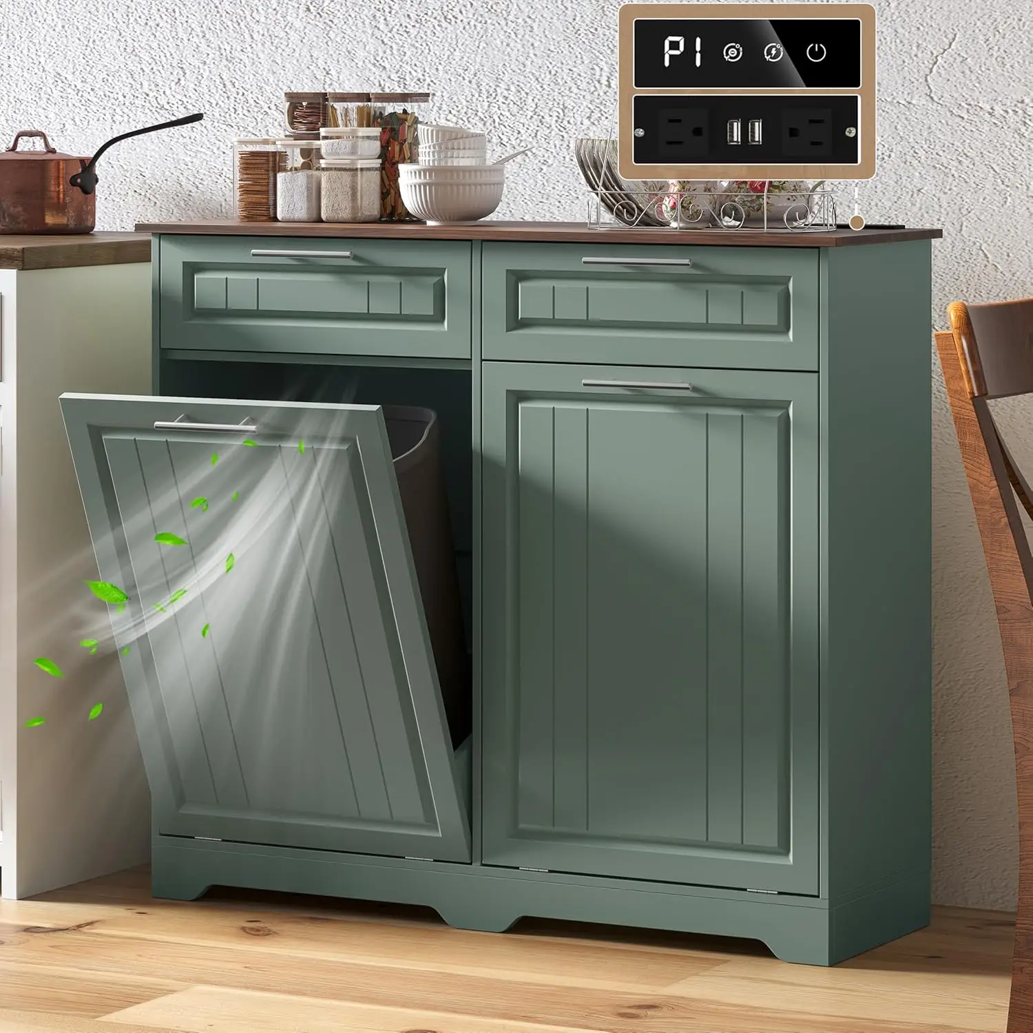 

Double Tilt Out Trash Can Cabinet with Deodorizing Function & Charging Station,