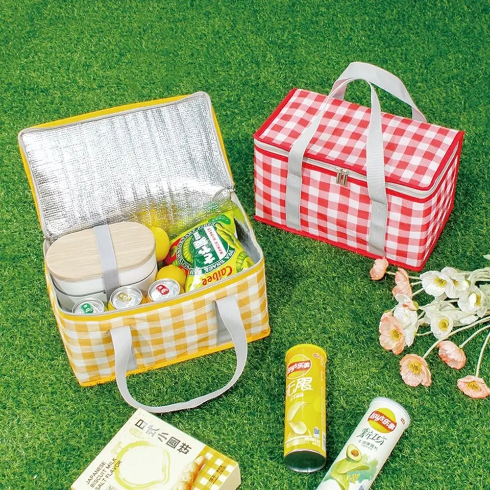 

Plaid Foldable Lunch Bag Ox Cloth Camping Food Storage Bag Picnic Basket Camping Picnic Bag Thermal Insulated Cooler Box