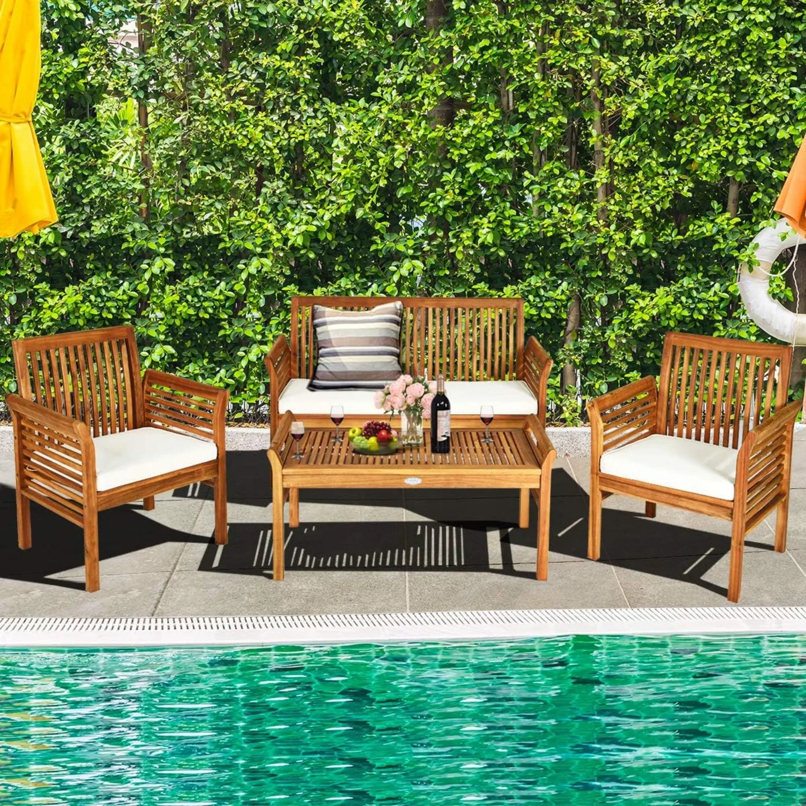 US Tangkula 4 Piece Outdoor Acacia Wood Sofa Set with Water Resistant Cushions