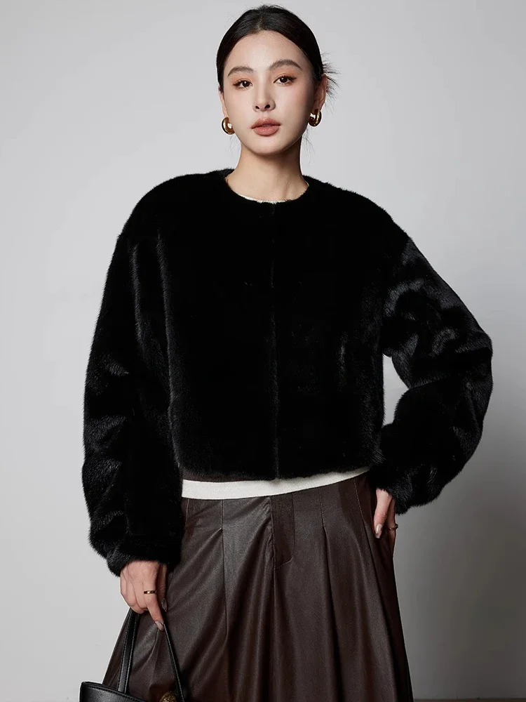 

High-end Luxury Natural Mink Fur Plush Jackets for Women 2026 New Simple O-neck Black Short Winter Genuine Leather Real Fur Coat