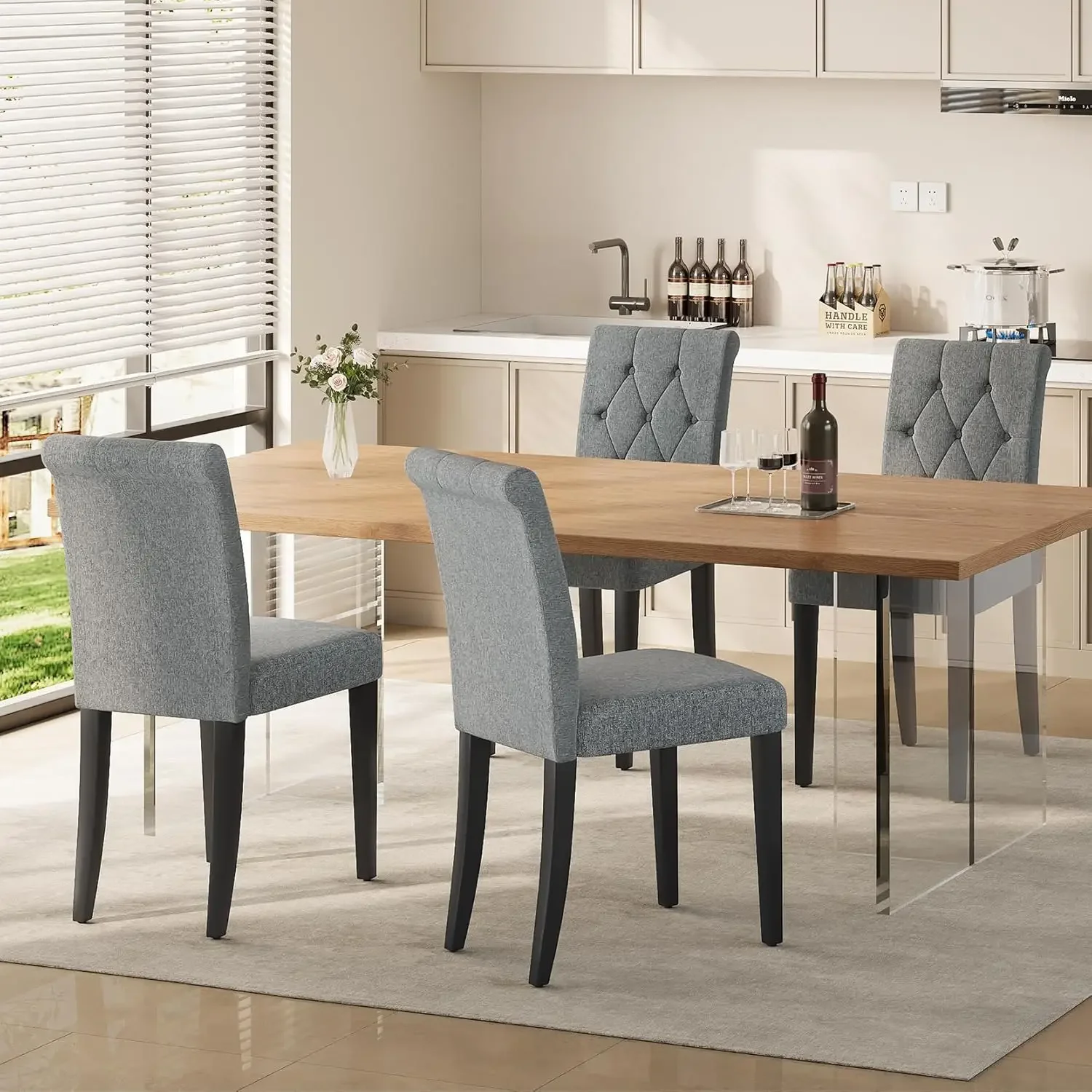 Upholstered Dining Chairs Set of 4, Button Tufted Parsons Dining Chair with Solid Wood Legs, Modern Fabric Side Chair for Dining