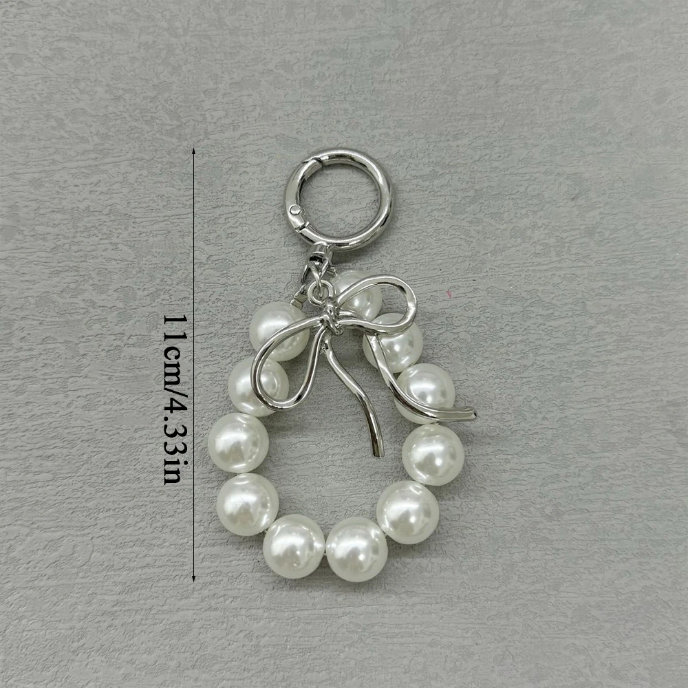 Delicate Beaded Key Chain Handmade Bow Shaped Keyring Heart Keychain Ornament Pearl Decoration For Bags And Phones