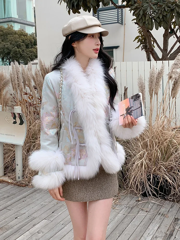 Autumn and Winter New National Style Embroidery Chinese Style Imitation Fox Fur Coat Retro Short Cotton Coat Women Faux Fur Coat