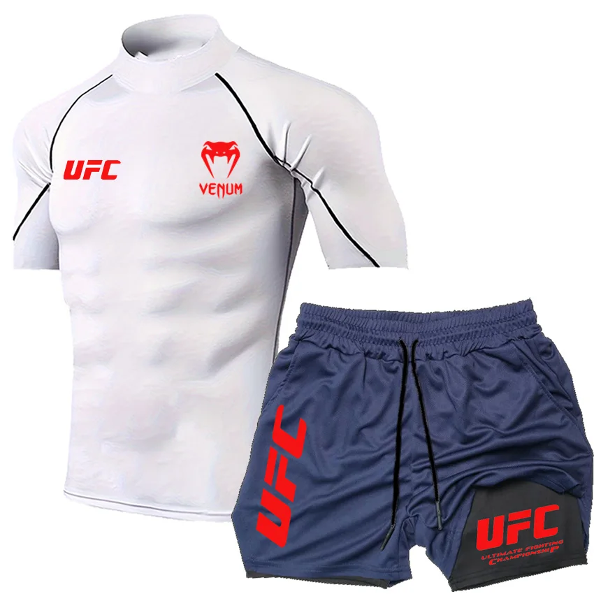 

Summer New Outdoor Sports Fitness Street Jogging Men's Top and Bottom Suit UFC Logo Men's Tight Rlastic T-shirt Shorts Se