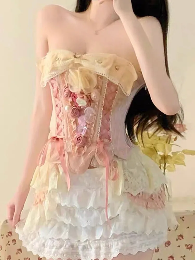 Korean Fashion Sexy Corset Bow Tie Top Suit Women Elegant White Lace Skirt Cake Shorts Female Two Piece Set Lolita Summer New