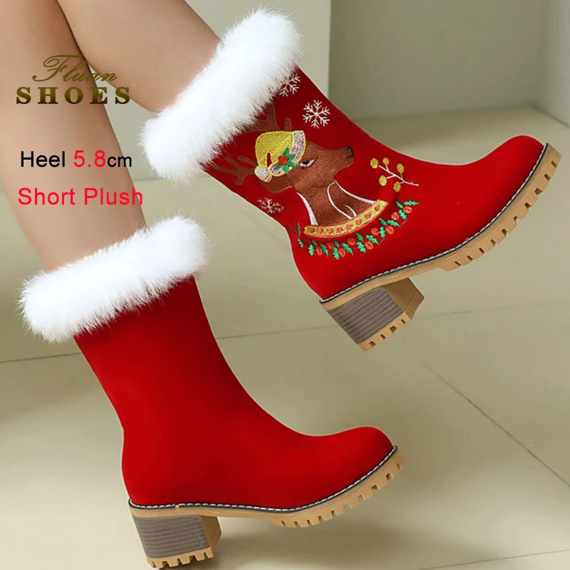 

2025 новые модные красные зимние женские зимние ботинки из плюшевого меха на массивном каблуке 5,8 см, рождественская обувь без шнуровки с вышивкой, сапоги до середины икры