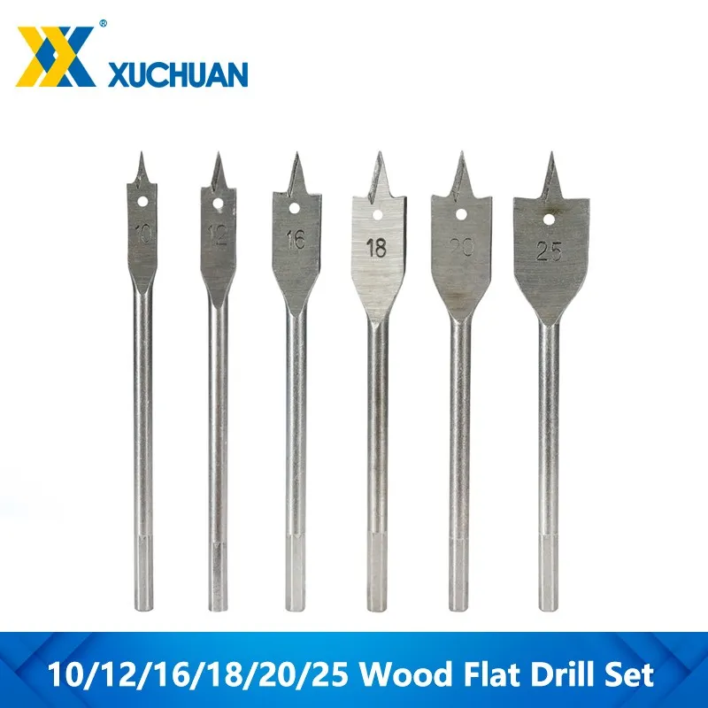 Flat Drill Bits Set 3-Point 6pcs 10/12/16/18/20/25mm Spade Drill Bit Woodworking Opener For Woodworking Hand Tools Wood Drilling