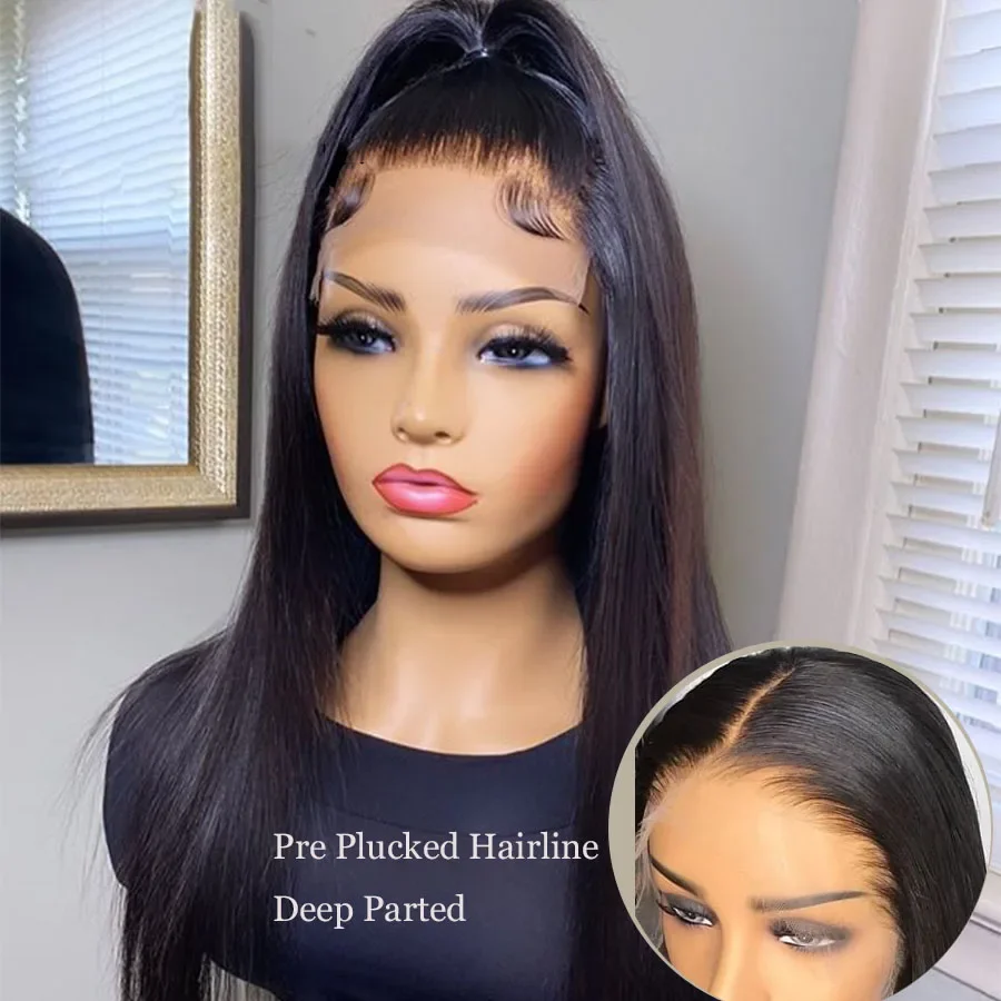 شعر مستعار ناعم 26 بوصة 180 كثافة طبيعي أسود بدون صمغ طويل مستقيم عميق باروكة أمامية من الدانتيل للنساء مع شعر أطفال مقطوف مسبقًا يوميًا