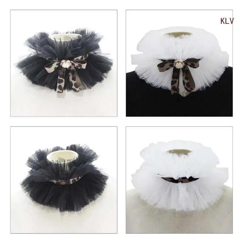 

Steampunk Victorian Ruffled Neck Ruff Fake Collar Leopard Bowknot Tulle Clown Choker Shawl Vintage Costume Accessory