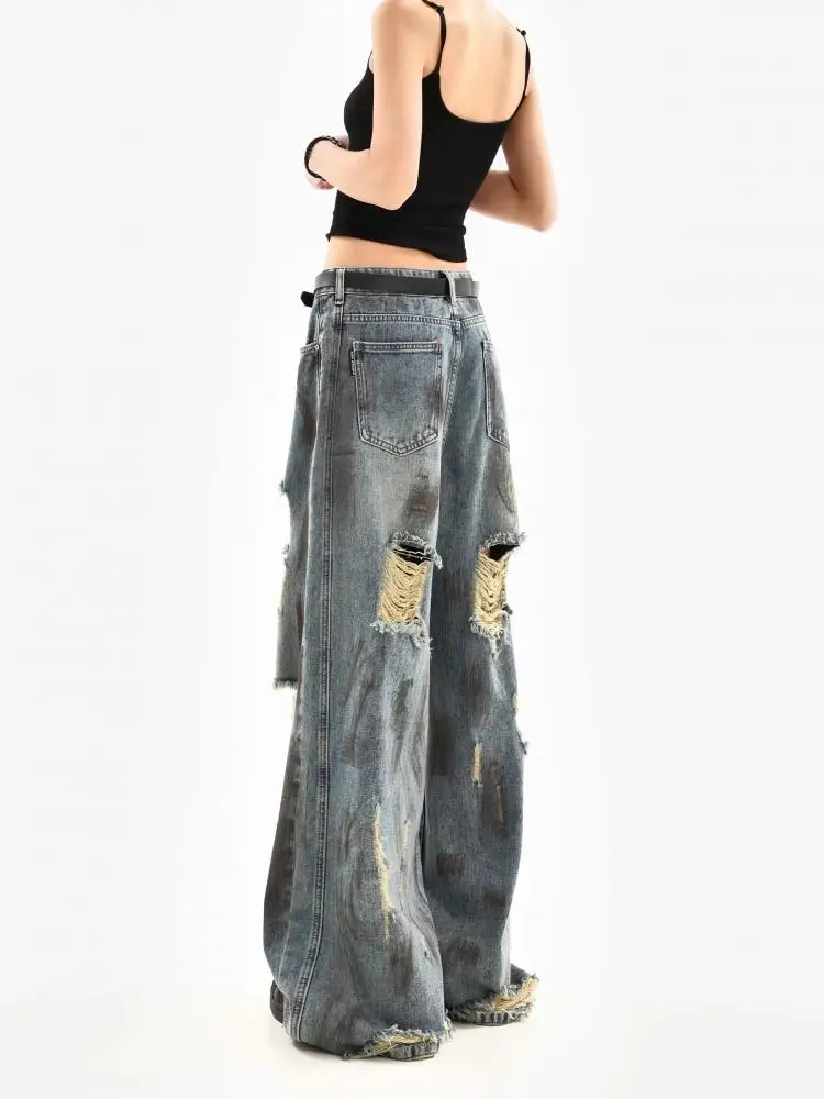 Dames tie-dye noodlijdende vintage gescheurde jeans zomer Y2K high street Amerikaanse stijl losse casual hoge taille wijde pijpen broek