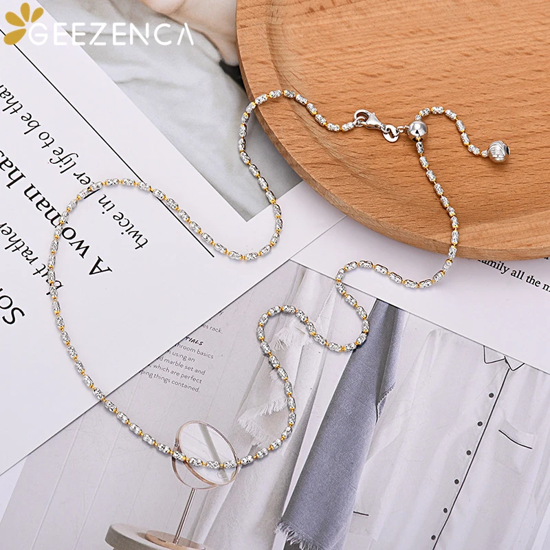 GEEZENCA 925 Sterling Silver Two Tone Olive Beads Chain Necklace For Women 50cm Pull-out Design Chokers Necklaces 2024 New