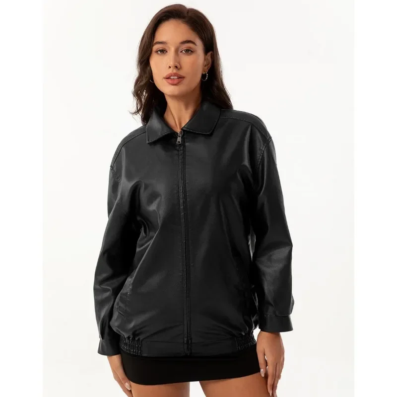 Blouson aviateur en cuir à manches longues pour femme, veste surdimensionnée pour femme, revers, combiné décontracté, printemps, automne, nouveau, 2025