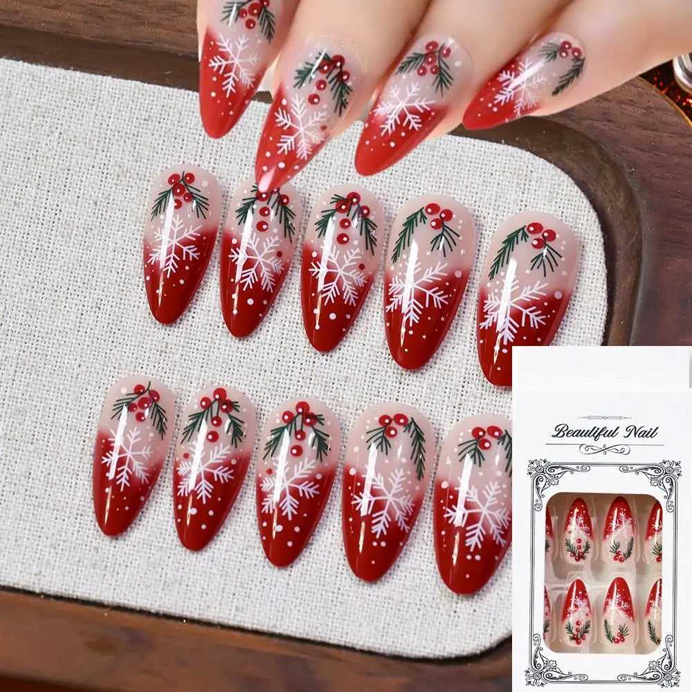 24Pcs Christmas Red French Press On Nails Holly Berry Snowflakes Design Fake Nail Short Almond False Fingertips for Winter Daily