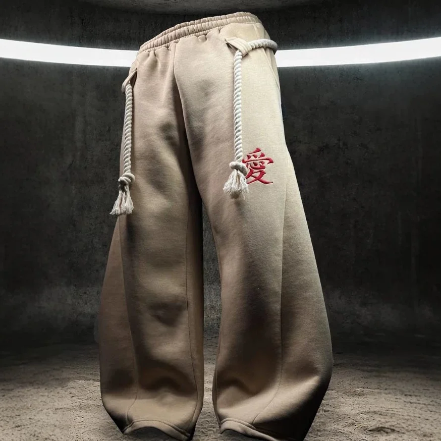 Men's Hip Hop Street Style Sweatpants Baggy Wide-Leg Casual Sports Pants with Thick Rope Drawstring And Chinese Love Character E