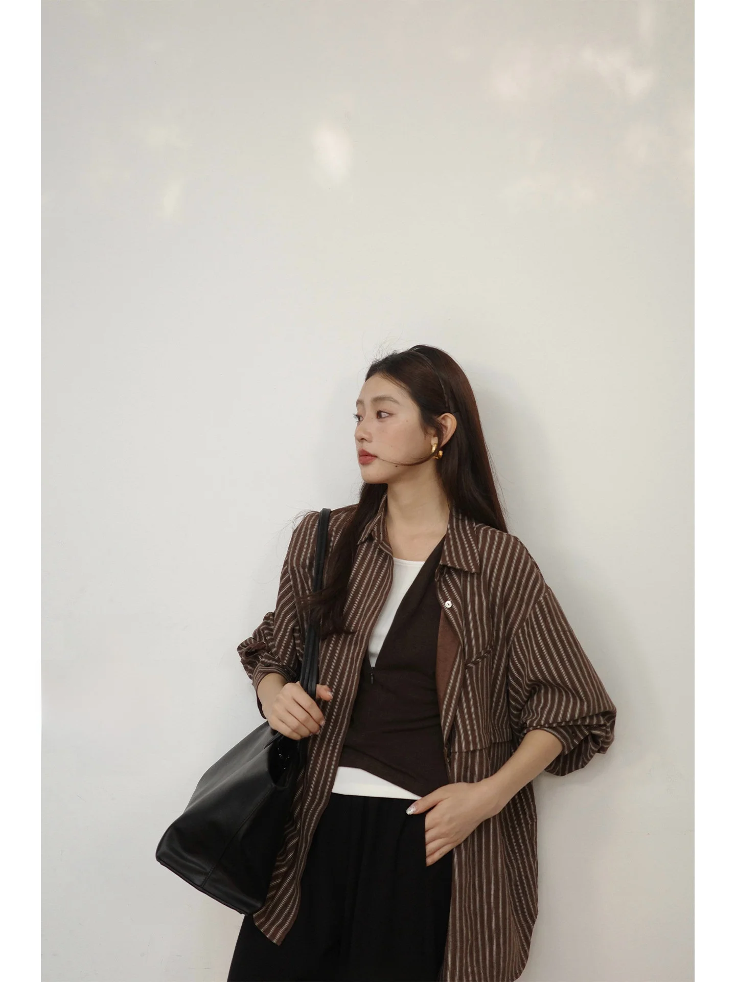 

Double Layered Loose Striped irt Vintage Sle Autumn Winter Collection Women's Busin Casual Long Sve Slimming Effect