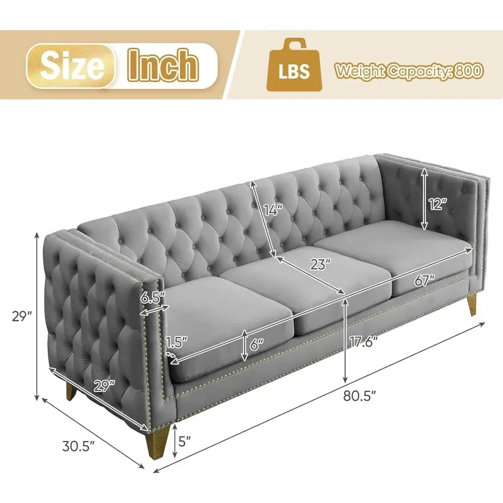 Velvet Living Room Sofa Set of 2, Comfy Loveseat and 3 Seater Couch, Modern Sofa with Tufted Back and Rivet Decoration