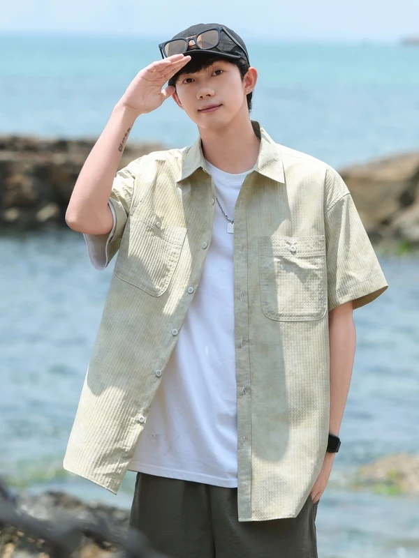 

Summer Lightweight Mature Sle Refreing adient Collar ort Sve Men's irt Five-Quarter Sve Outdoor Beach irt
