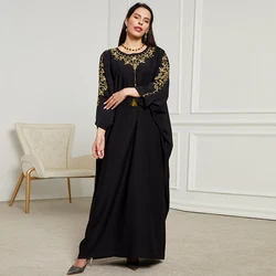 Modest Muslim Batwing Sleeve Tassel Kaftan Moroccan Abaya Fashion Solid Chic Embroidery O-Neck Loose Muslim Dresses For Women