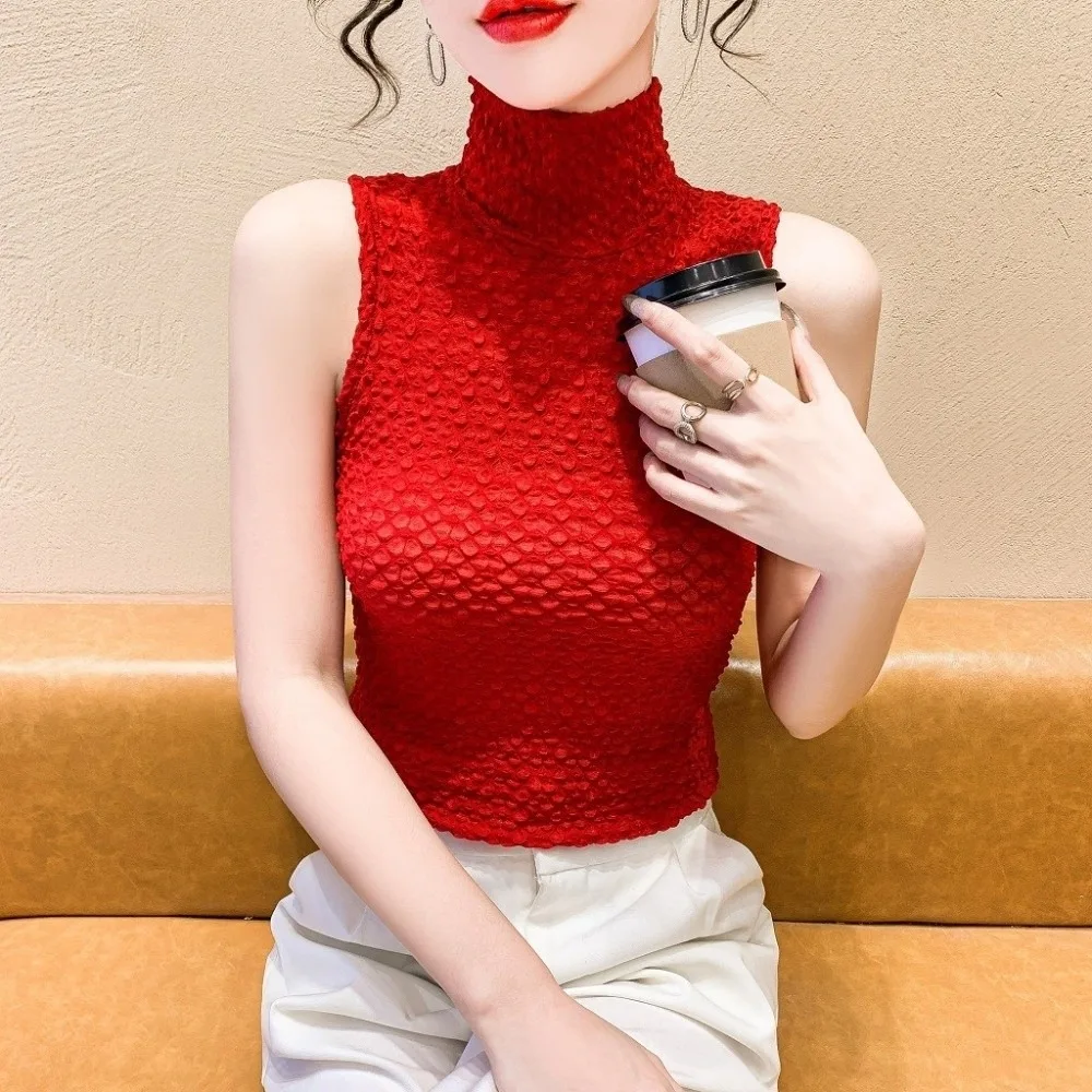 Stretchy Turtleneck Collar Tank Top Crinkle Texture Sleeveless Lace Camisole Sheer Mesh Slim Fit Mesh Blouse Autumn Wear