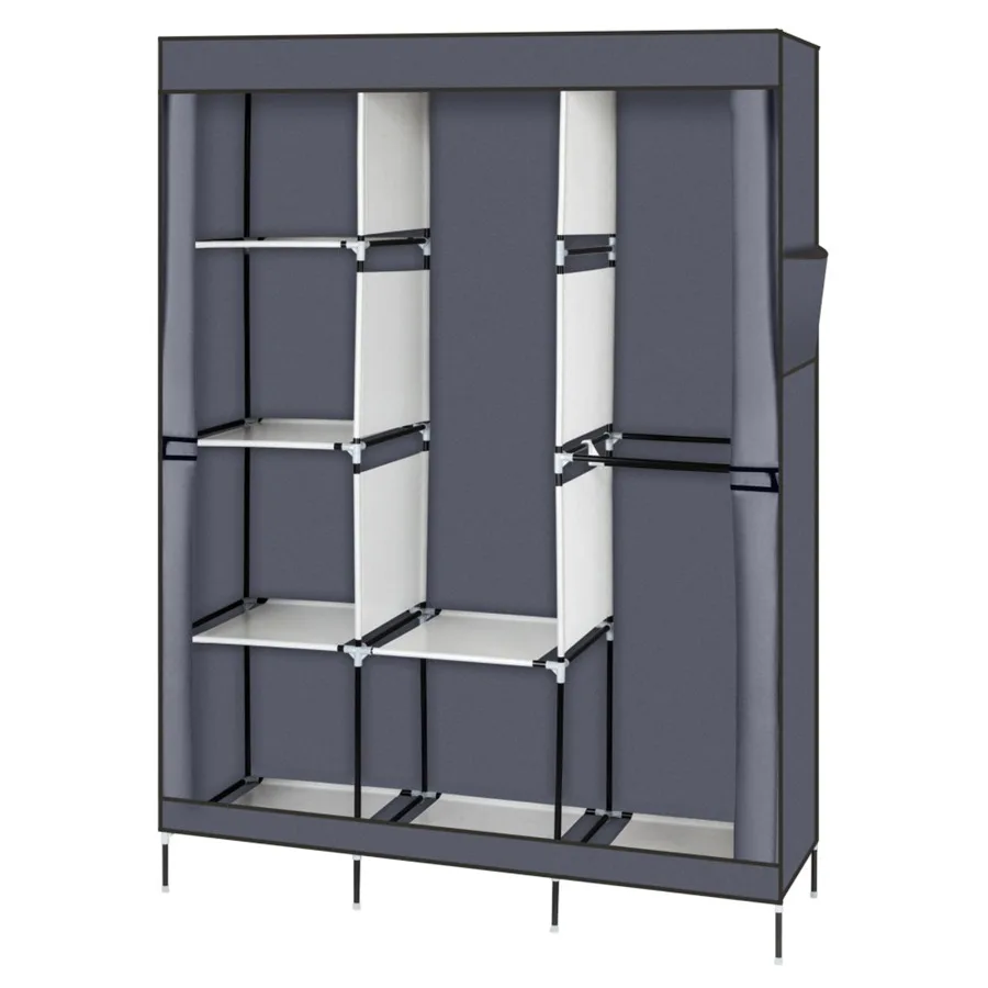71 Inch Gray Portable Clothes Closet Non-Woven Fabric Steel Tube PP Plastic Storage Wardrobe with 8 Shelves and Hanging Rod Spa