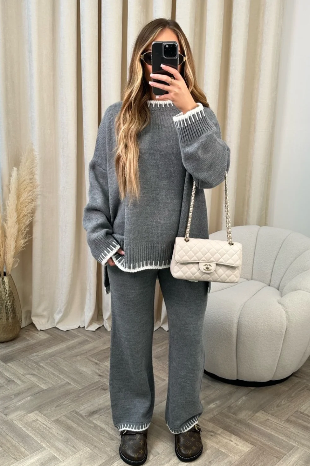 Casual Women 2 Pieces Sets Knitted Sweater Pullovers Wide Leg Long Pants 2024 Autumn Female Office Suit Outfits Loungewear