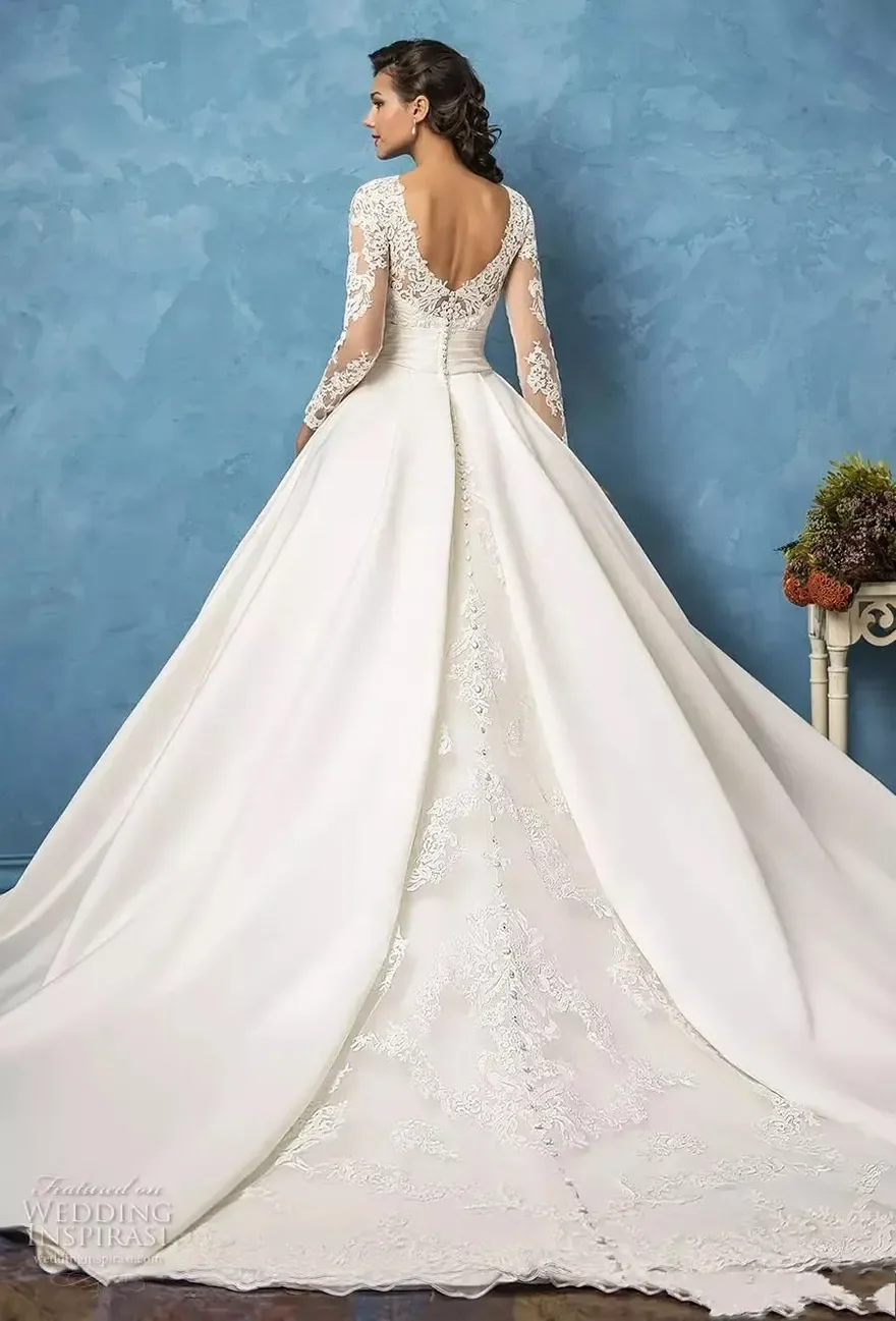 

Sposa Кружевные свадебные платья с карманами 2025 с длинными рукавами и жемчужным вырезом, трапециевидные свадебные платья с открытой спиной и скользящим шлейфом, атласные платья
