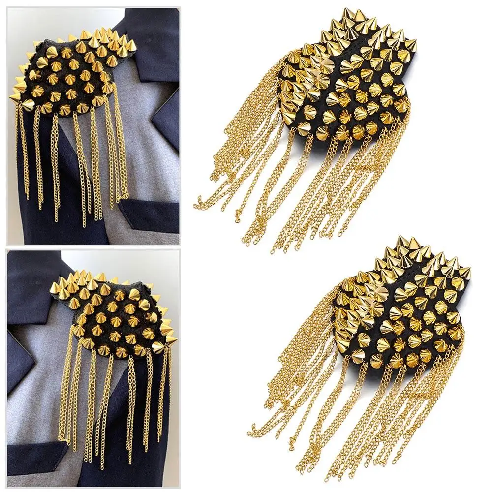 

Evening Party Handmade For Coat Dress Decoration Tassel Metal Epaulet Fringed Shoulder Stamp Rivet Shoulder Pad Brooch