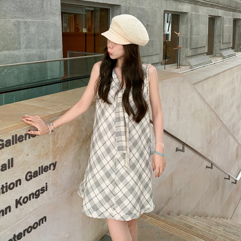 Abito a quadri stile street alla moda coreana Nuove donne Colletto alla marinara Abito a canotta senza maniche allentato Abbigliamento casual chic da strada