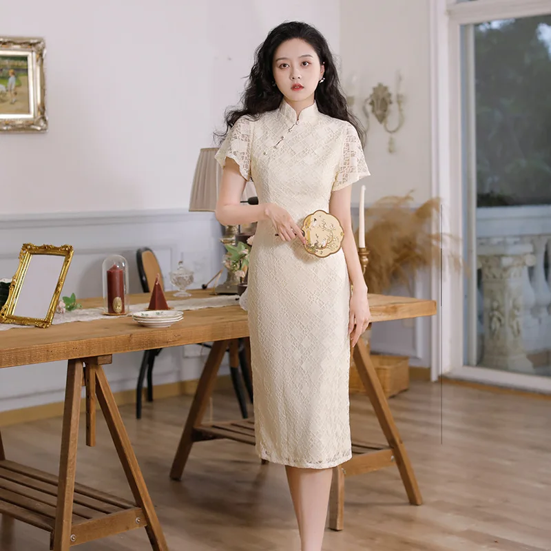 New Fashion Lace Cheongsam Mid-Length Double Layer Improved Slim-Fitting Daily Banquet National Style Dress