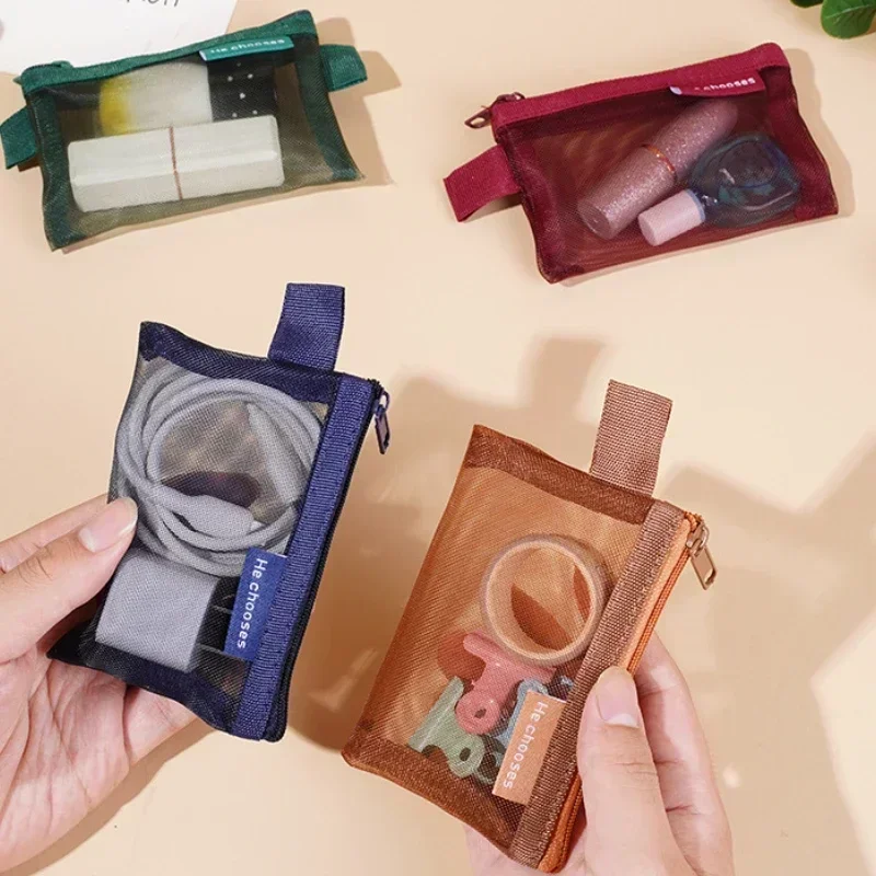 Square Solid Color Mesh Storage Bag Portable Zipper Coin Purse ID Card Credit Card Storage Bag Stationery Storage Box