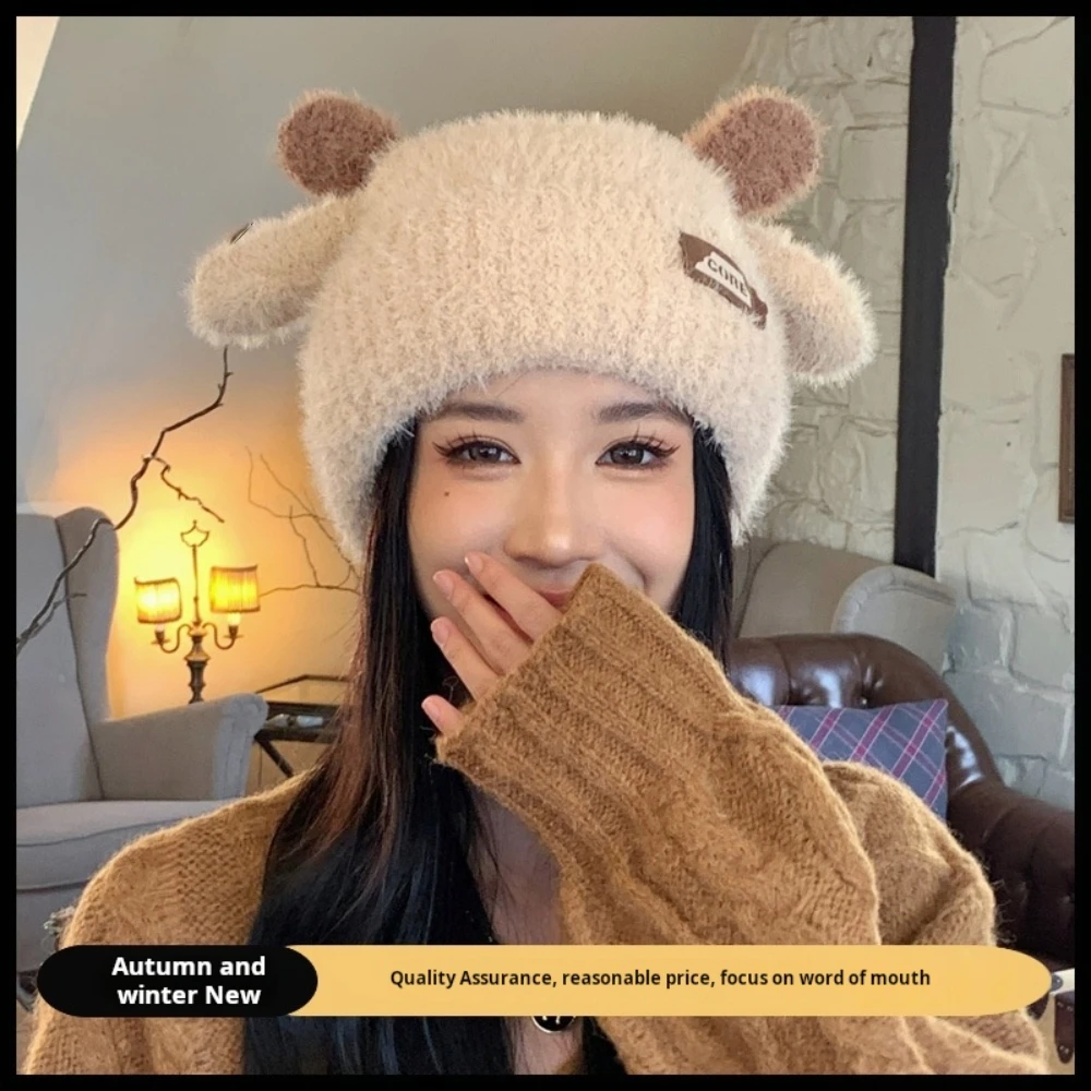 

Cute Winter Plush Beanie Cap For Women Cartoon Bear Ear Knitted Wool Hat Female Girls Solid Color Thicken Lamb Fleece Hats