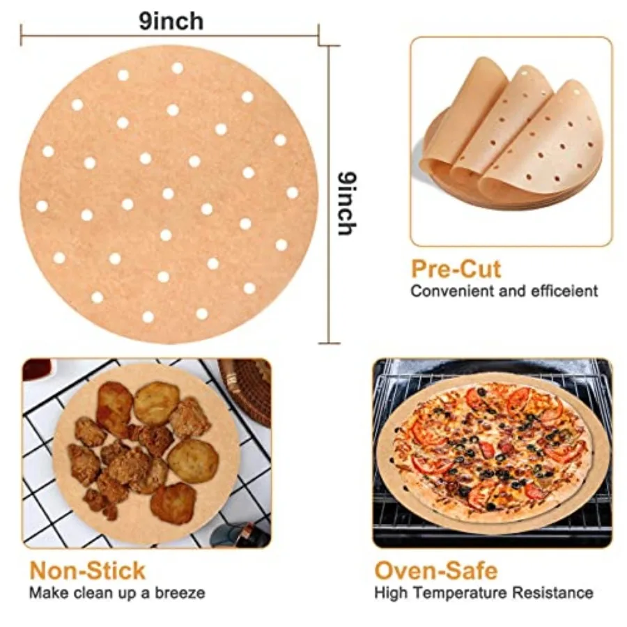 Air Fryer Parchment Paper, 9 Inch Round Liner, 200PC Unbleached Filter Paper for Air Fryers 100 Perforated and 100 Imperforate,