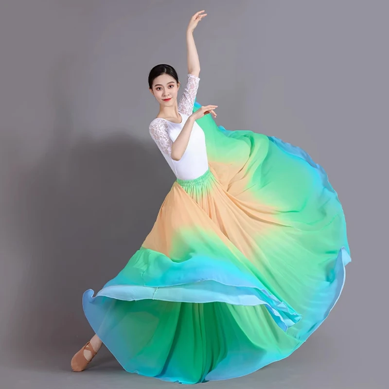 Women Classical Dance Skirts Gradient Flowing Spanish Flamenco Skirt 720 Degree Long Belly Dance Skirt Performance Costume