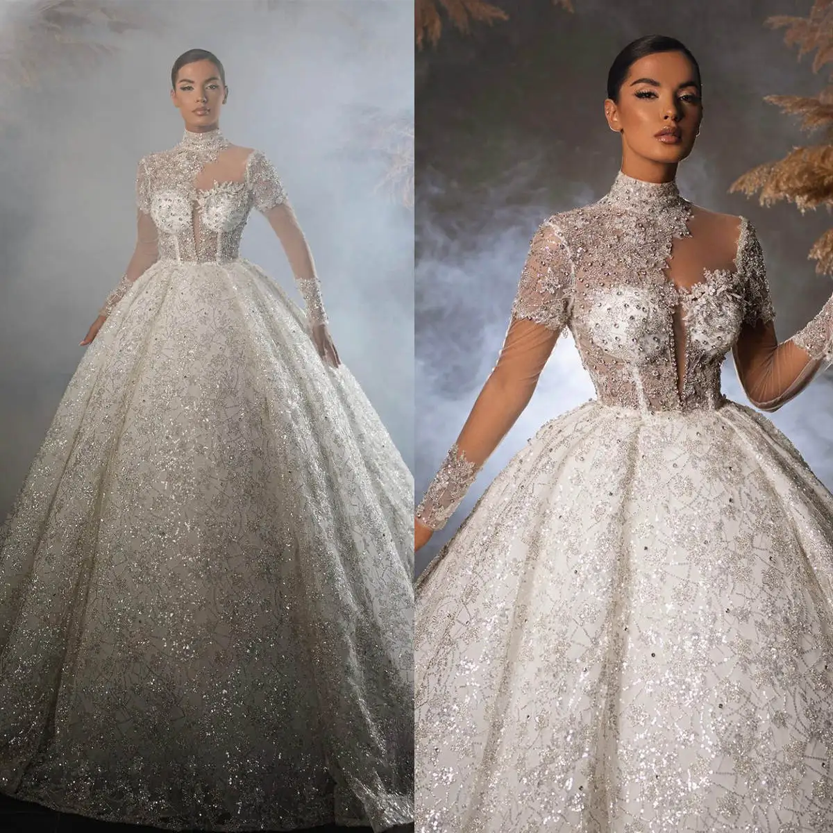 

Illusion Wedding Dress Ball Gown High Neck Crystal Sequined Long Sleeve Floor-Length Princess Bride Vestido De Noiva Custom Made