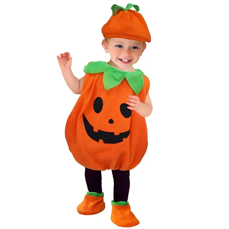 Baby Kinder Stram pler mit Hut/Schuhen, Kleinkind 60-90cm Kürbis einteilig, Halloween Overall Cosplay Kleidung Set