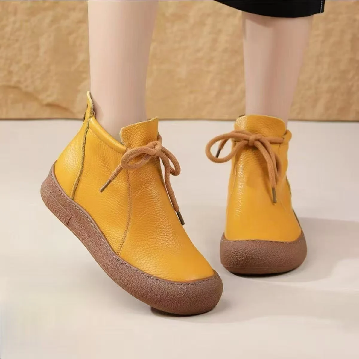 

Women Autumn Winter Leather Flat Sole Ankle Boot Soft Sole Soft Face Non Slip Round Toe Plush Keep Warm Lace Up Cotton Boots