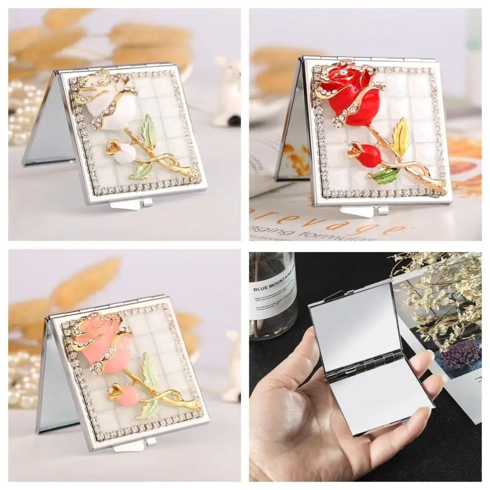 Beauty Mirror Metal Square Mirror Rose Rhinestone Decor Portable Mirror Double-sided Cute Pocket Mirror Students