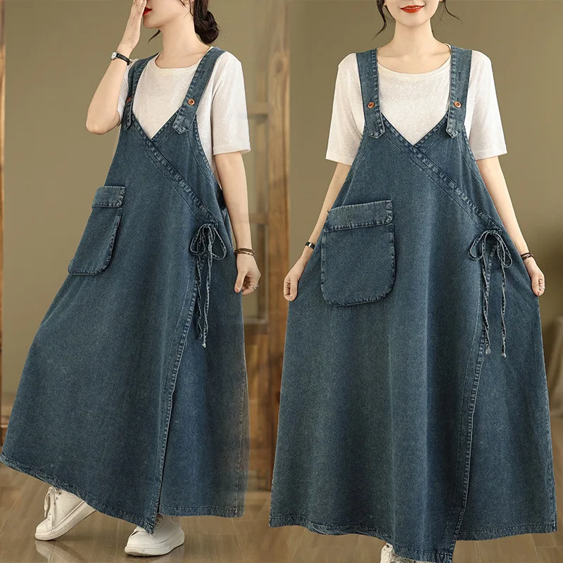 

Suspenders Dress Women Denim Long Dresses Sling Sleeveless A Line Vestidos Streetwear Casual Loose Mom Jeans Y2k Summer 2025