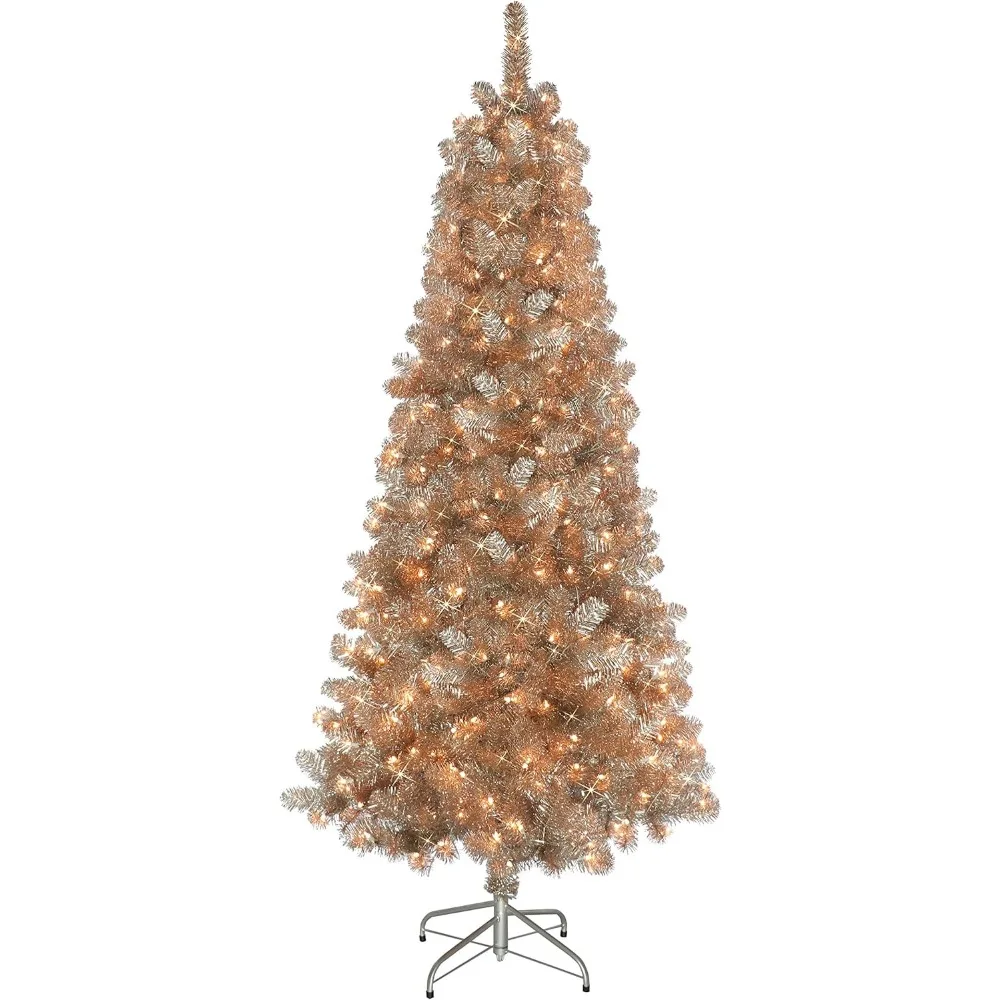 Christmas Tree 6.5 Foot Pre-Lit Rose Gold Tinsel Artificial Christmas Tree with 300 UL-Listed Clear Lights Christmas Trees