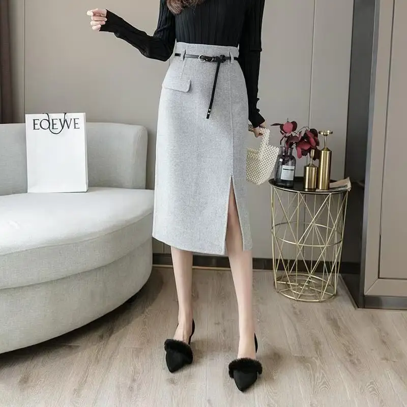 

RAIN YAN LIN Spring New Fashion Solid Color Elegant Skirt Women Temperament High Waist Slit Slim A-Line Office Lady Skirt