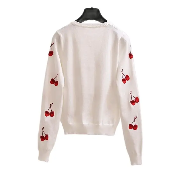 Makuluya Autumn Spring Women Sweater Cherry Embroidery Pattern All-Match Jacket Coats Long Sleeve Short Knitting Cardigans L6