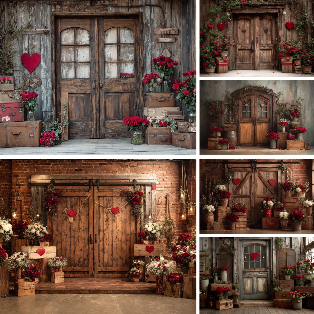 

Valentine's Day Flower Backdrops Child Baby Photo Props Adult Kids Decors Barn Wooden Door Photography Studio Backgrounds