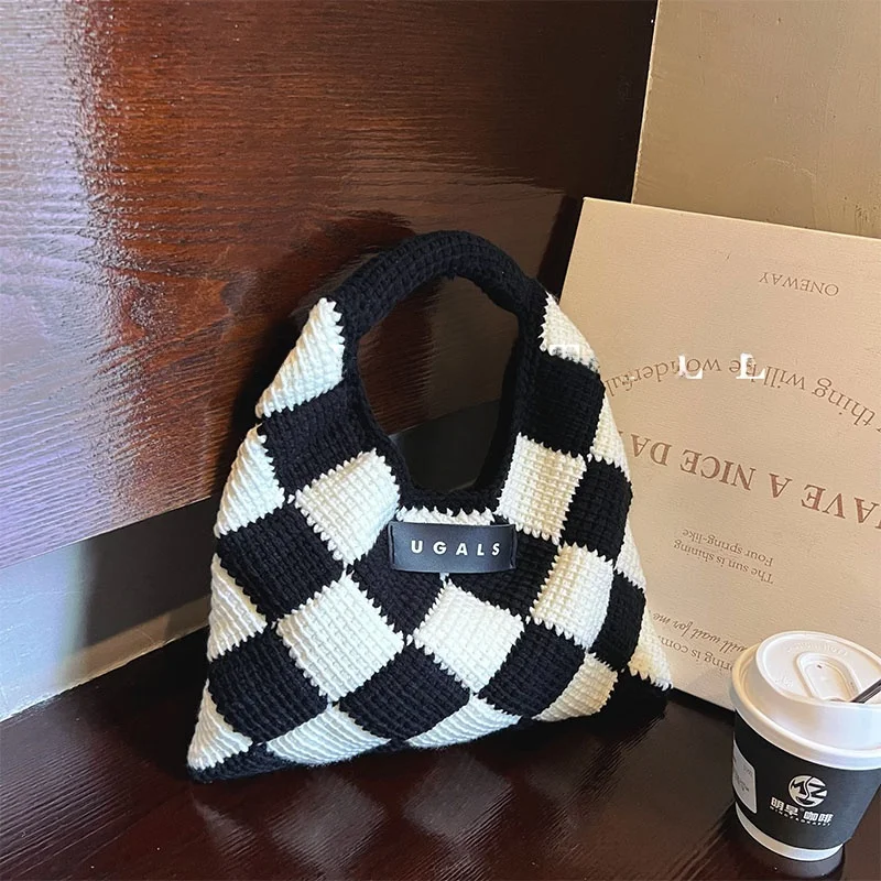 

UGALS Geometric Pattern Hand Knitted Cotton Yarn DIY Material Bag Women's Tote Basket Handbag Sweet Lady Style Casual Leisure