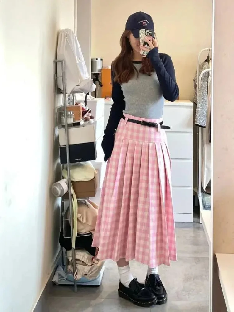 

Клетчатая юбка, женская французская милая плиссированная юбка трапециевидной формы с высокой талией, весна 202, универсальная юбка в консервативном стиле Faldas
