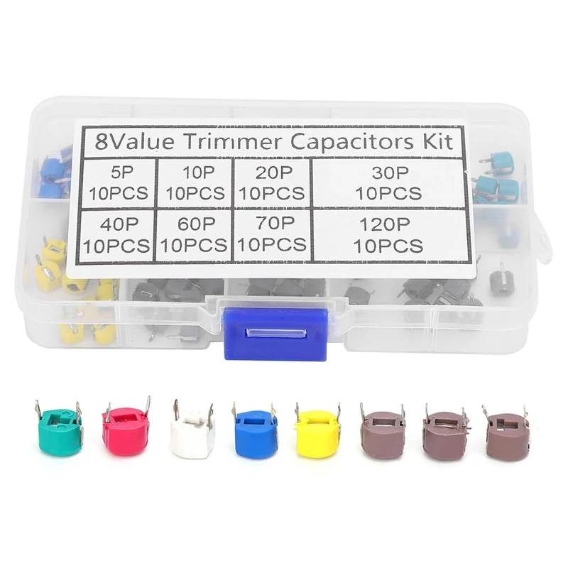 80PCS/box Trimmer Variable Capacitance Electronic Capacitor Kit 5/10/20/30/40/60/70/120P 6mm Adjustable Capacitor 8Values