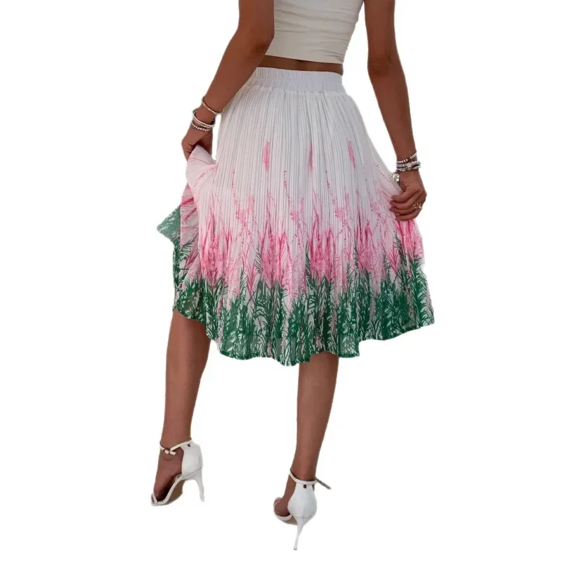 

Летняя женская юбка с эластичной резинкой на талии и цветочным принтом, французская весенняя элегантная темпераментная юбка средней длины с морщинами, универсальная отпускная юбка