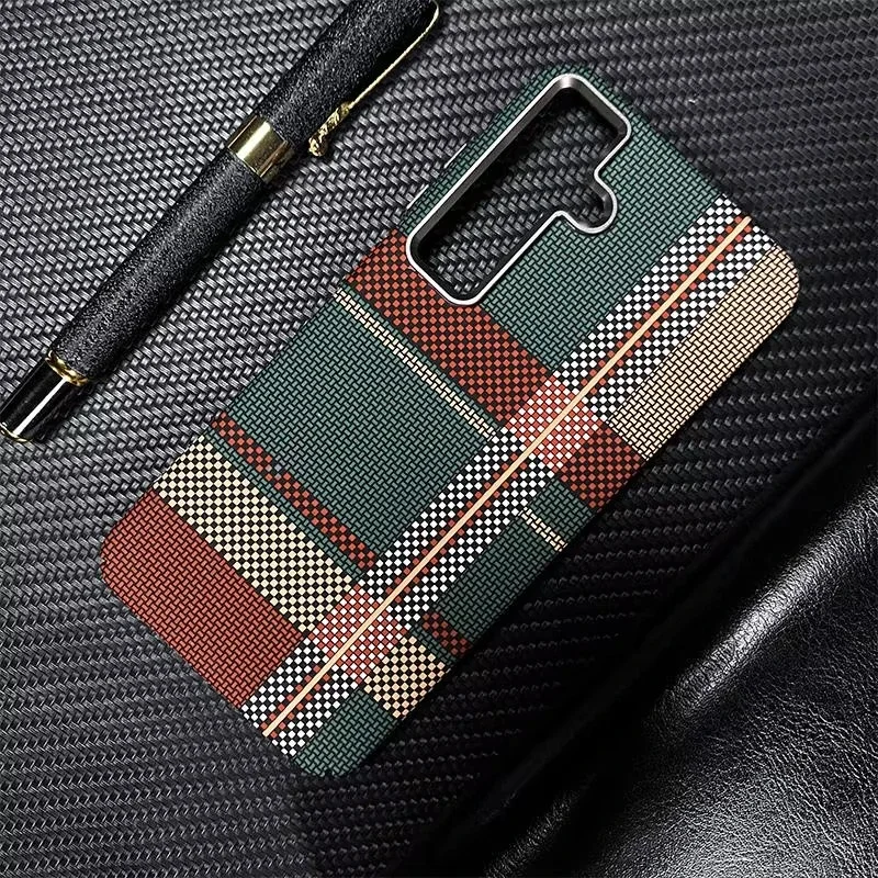 Luxury Kevlar Carbon Fiber Texture For Magsafe Case For Samsung S25 S24 Ultra S23 Plus Metal Camera Protect Wireles Charge Cover