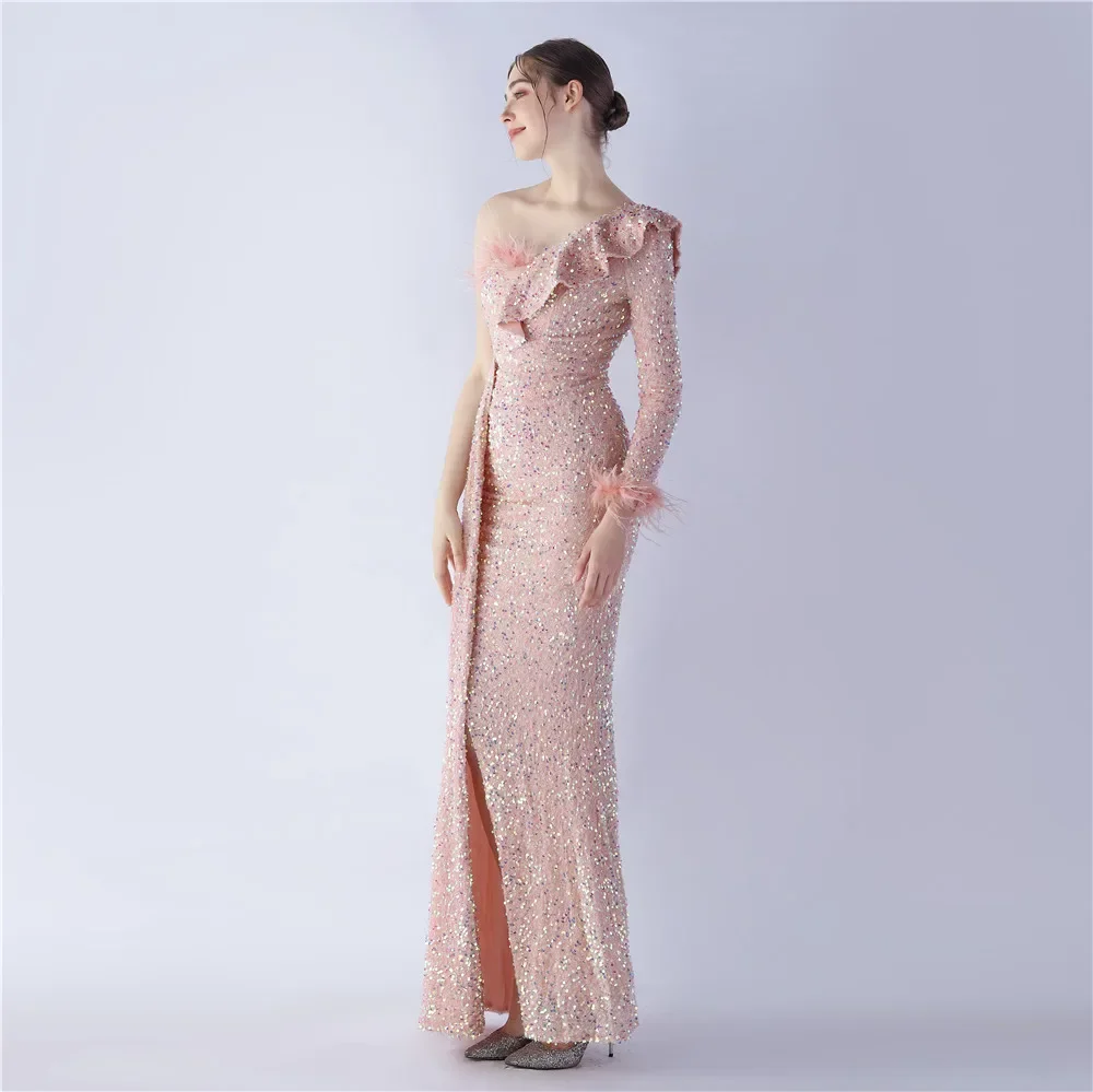 Sladuo-Robe de cocktail longue fendue à manches 3/4 avec plumes pour femme, robe formelle sirène élégante à paillettes, une initiée