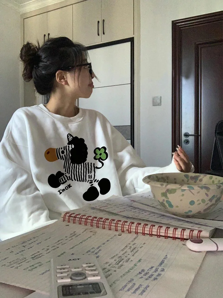 Retro American Cute Color Blo Zebra Damen Sweatshirt Frühling Herbst Lose Dünne Top College Sle rund Ne Long Sve